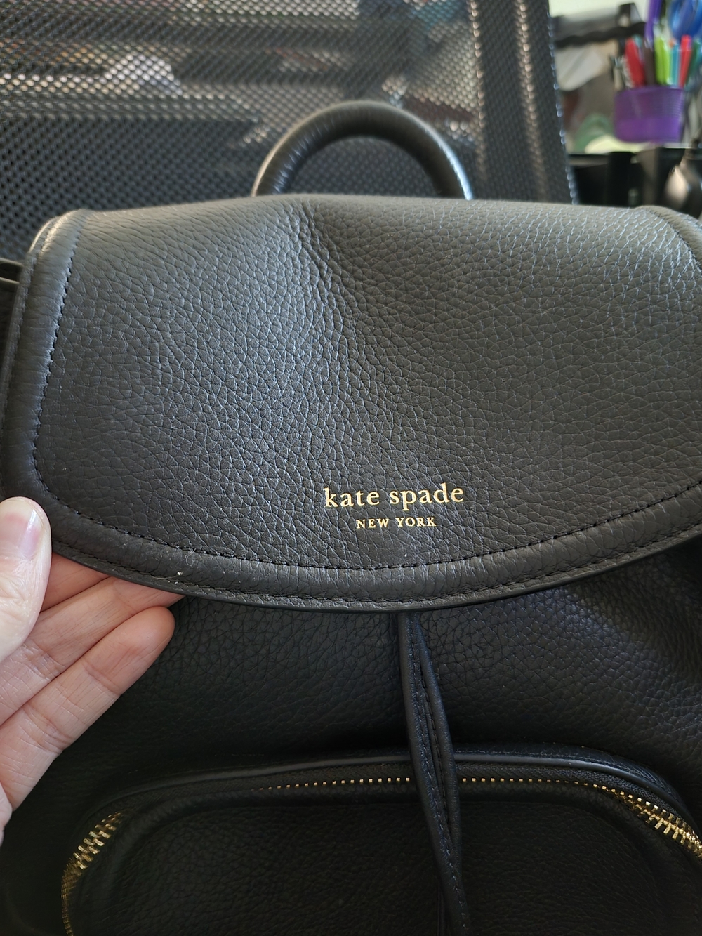 kate spade Black Pebbled Leather Drawstring Backpack with Front Zip Pocket